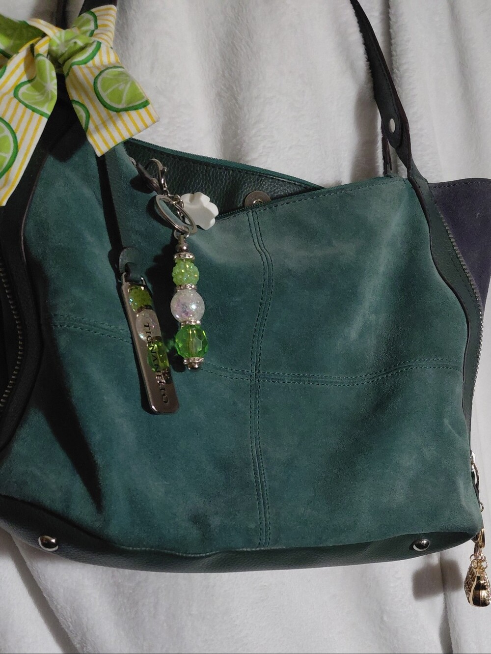 Tignanello Green Suede Shoulder Bag Zipper Sides to Expand